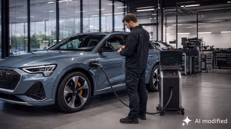 Angestecktes E-Auto mit Servicetechniker in der Werkstatt - AI generated Angestecktes E-Auto mit Servicetechniker in der Werkstatt - AI generated