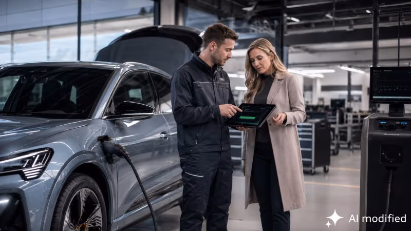 Angestecktes E-Auto mit Servicetechniker und Kundin in der Werkstatt - AI generated Angestecktes E-Auto mit Servicetechniker und Kundin in der Werkstatt - AI generated