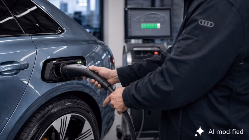 Angestecktes E-Auto in der Werkstatt - AI generated Angestecktes E-Auto in der Werkstatt - AI generated