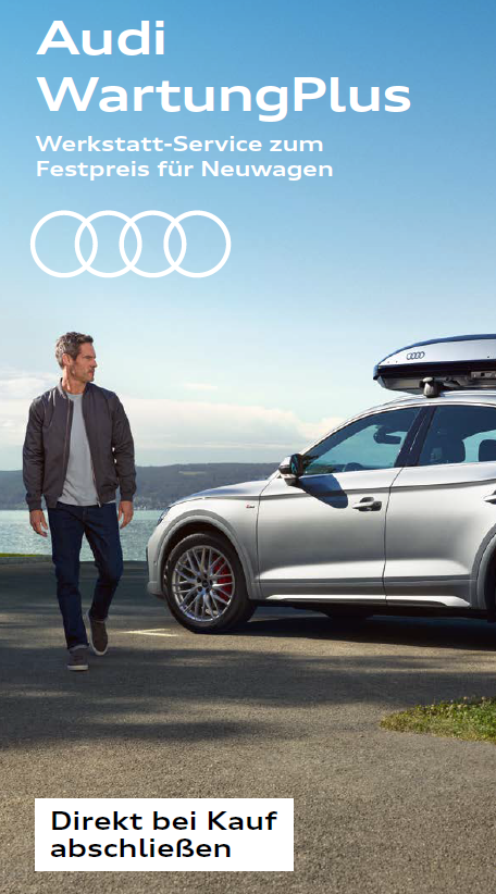 Audi Banner mit Aufschrift Audi Wartung Plus, Auto mit Dachträger und nebendran ein Mann