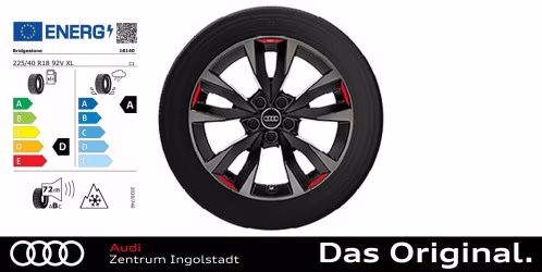 Original Audi A3 / S3 Sportback / Limousine (8Y) 18 Zoll Winterkomplettradsatz 5-V-Speichen-Acumen, schwarz mit Kontrastfarben Quarzgrau und Signalrot 225/40 R18 92V XL, 8,0Jx18, Bridgestone Blizzak LM005 AO