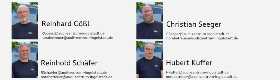 Bilder und Kontaktdaten des NORA Teams: Reinhard Gößl, Reinhold Schäfer, Hubert Kuffer und Christian Seeger